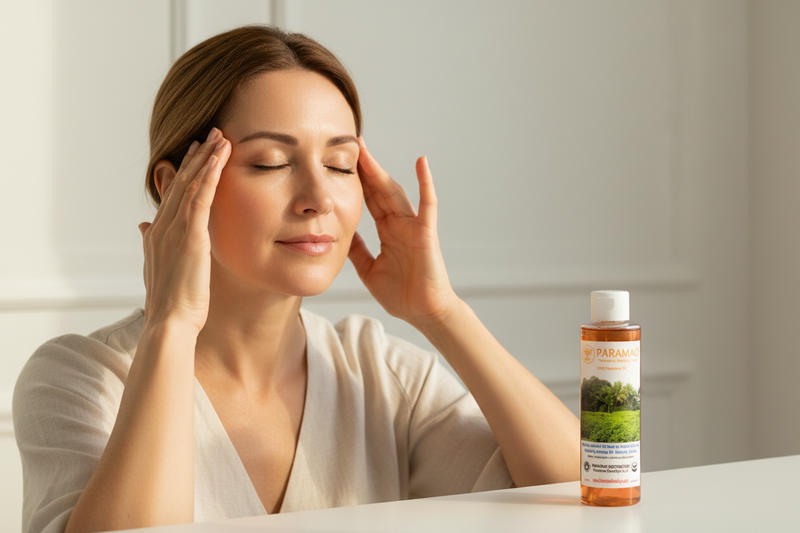 Woman rubbing Paramao Oil on temples